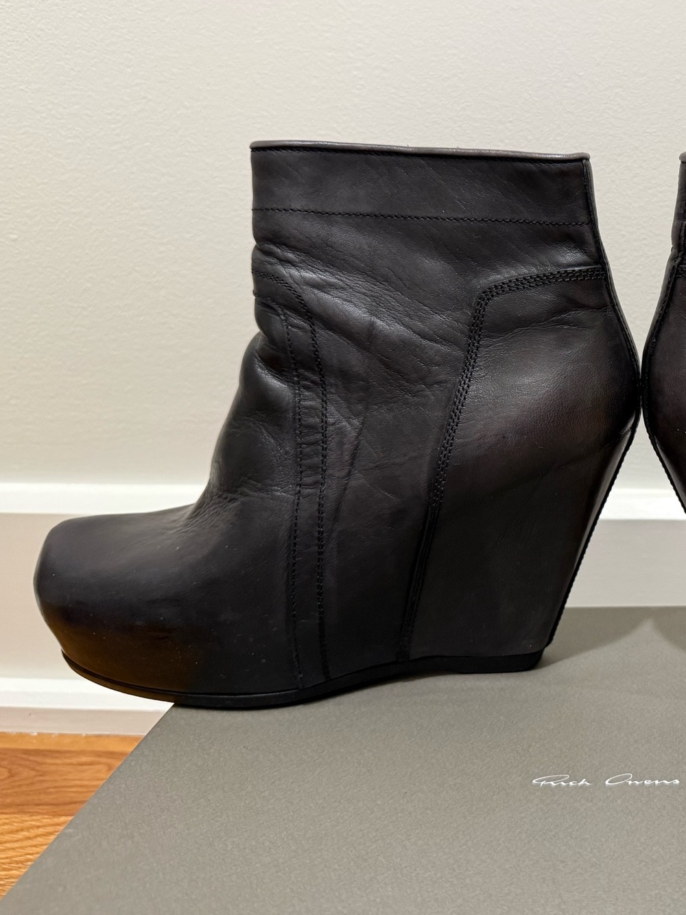 Rick Owens Black Leather Wedge Ankle Boots. Size 39 EU/ fits 8 US. Made in Italy